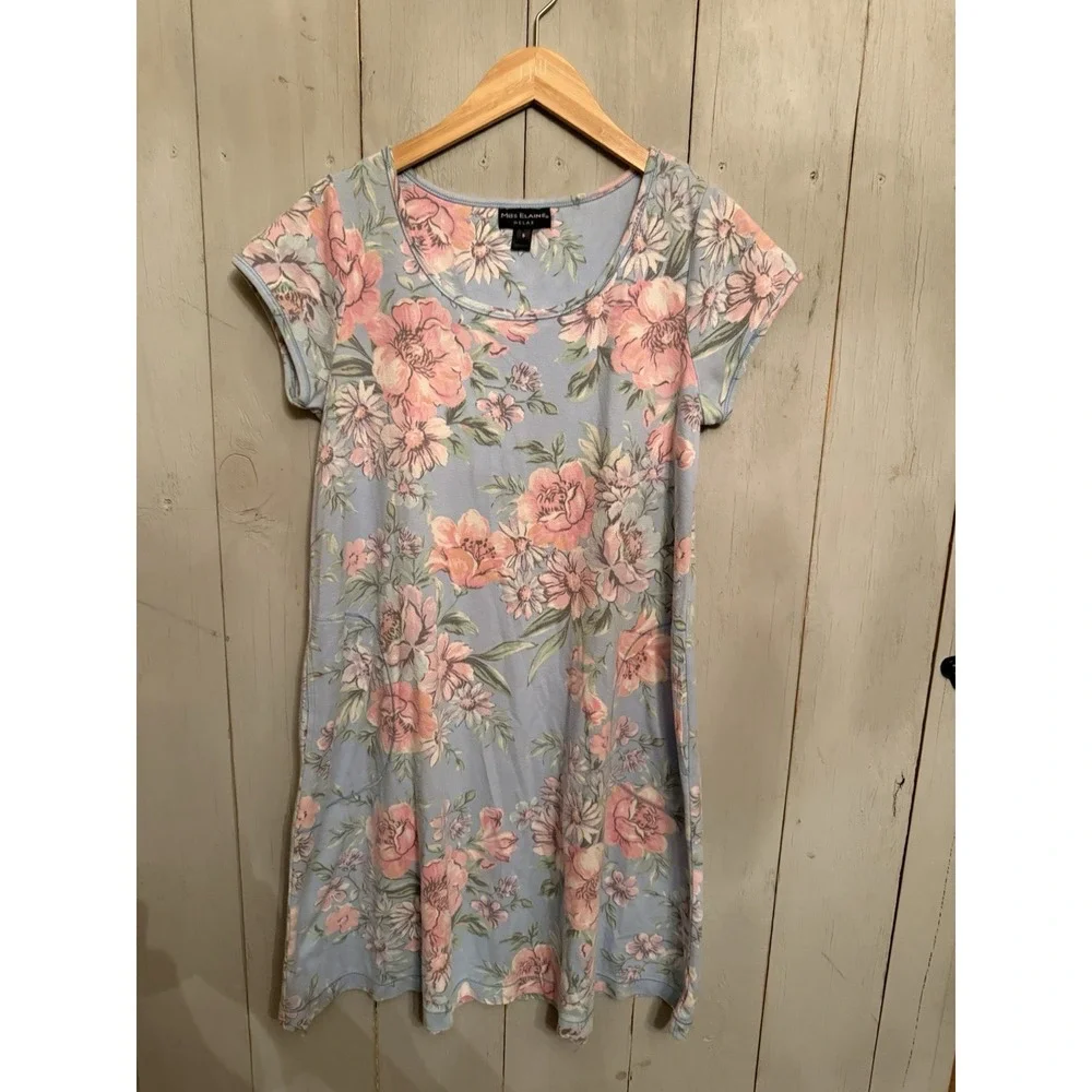 Miss Elaine Relax Pink Floral Short Lounge Gown, Pockets Size Small